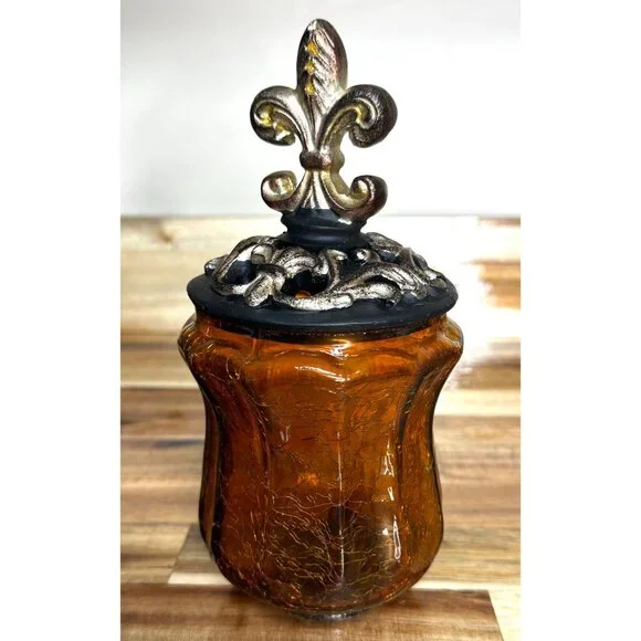 Decorative Amber Crackle Glass Canister With Fluer-de-lis Lid - Picture 6 of 13